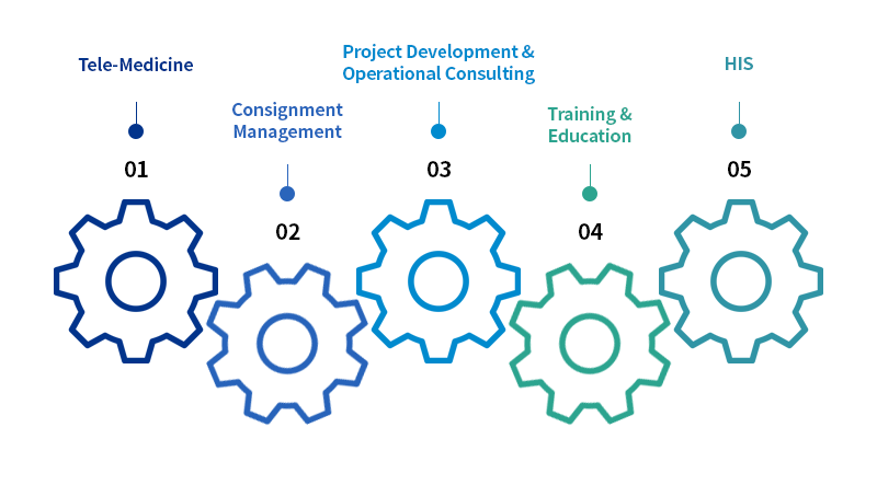 01 Tele-Medicine, 02 Consignment Management, 03 Project Development & Operational Consulting, 04 Training & Education, 05 HIS