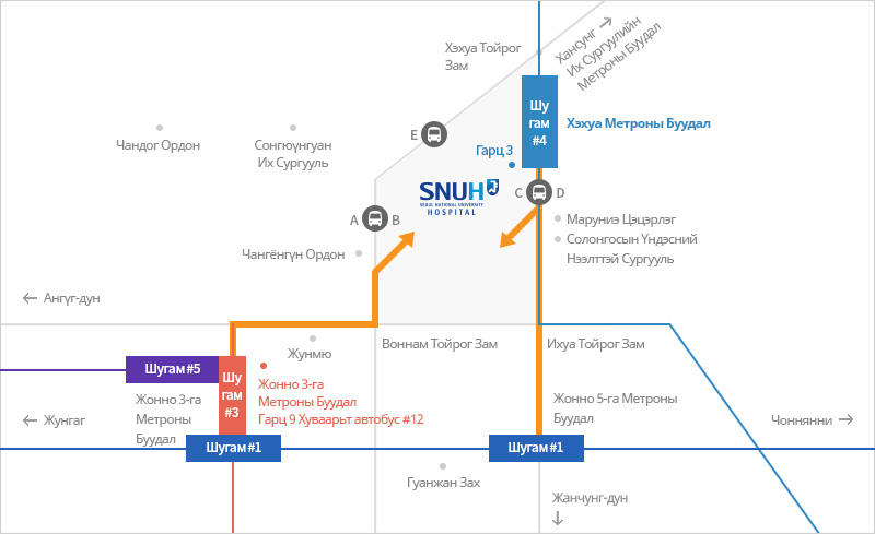 Хэхуа Метроны Буудал(Шу гам #4) Гарц 3, Жонно 3-га Метроны Буудал(Шугам #1, #3, #5) Гарц 9, Хуваарьт автобус #12, Жонно 5-га Метроны Буудал(Шугам #1)