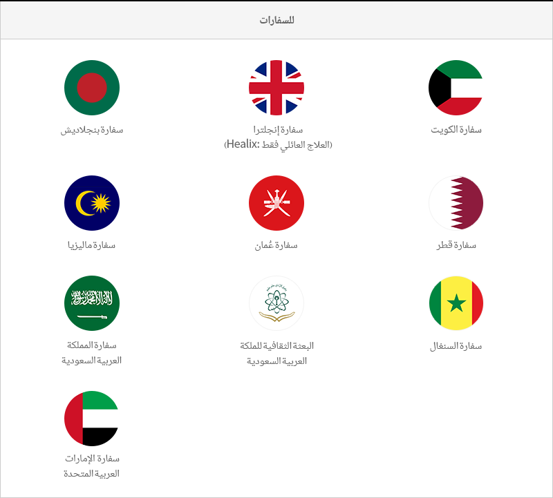 للسفارات-سفارة بنجلاديش, سفارة إنجلترا(Healix: العلاج العائلي فقط), سفارة الكويت, سفارة ماليزيا, سفارة عُمان, سفارة قطر, سفارة المملكة العربية السعودية, البعثة الثقافية للملكة العربية السعودية, سفارة السنغال, سفارة الإمارات العربية المتحدة