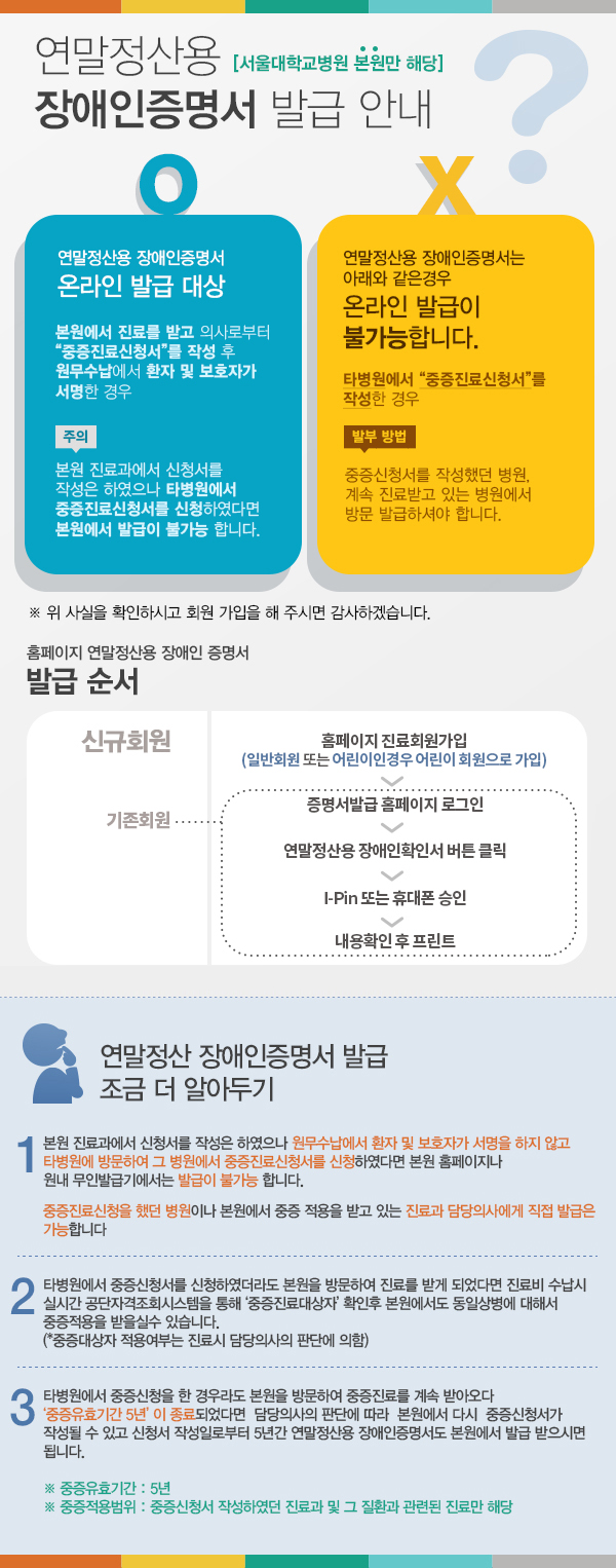 제목: 연말정산용 장애인증명서 발급 안내          1. 연말정산용 장애인증명서 온라인 발급 대상       ☞ 본원에서 진료를 받고 의사로부터 “중증진료신청서”를 작성 후 원무수납에서 환자 및 보호자가 서명한 경우.              주의: 본원 진료과에서 신청서를 작성은 하였으나 타병원에서 중증진료신청서를 신청하였다면 본원에서 발급 불가          2. 연말정산용 장애인증명서 온라인 발급이 불가능한 경우       ☞ 타병원에“중증진료신청서”를 작성한 경우          중증신청서를 작성했던 병원, 계속 진료받고 있는 병원에서 방문 발급.  
