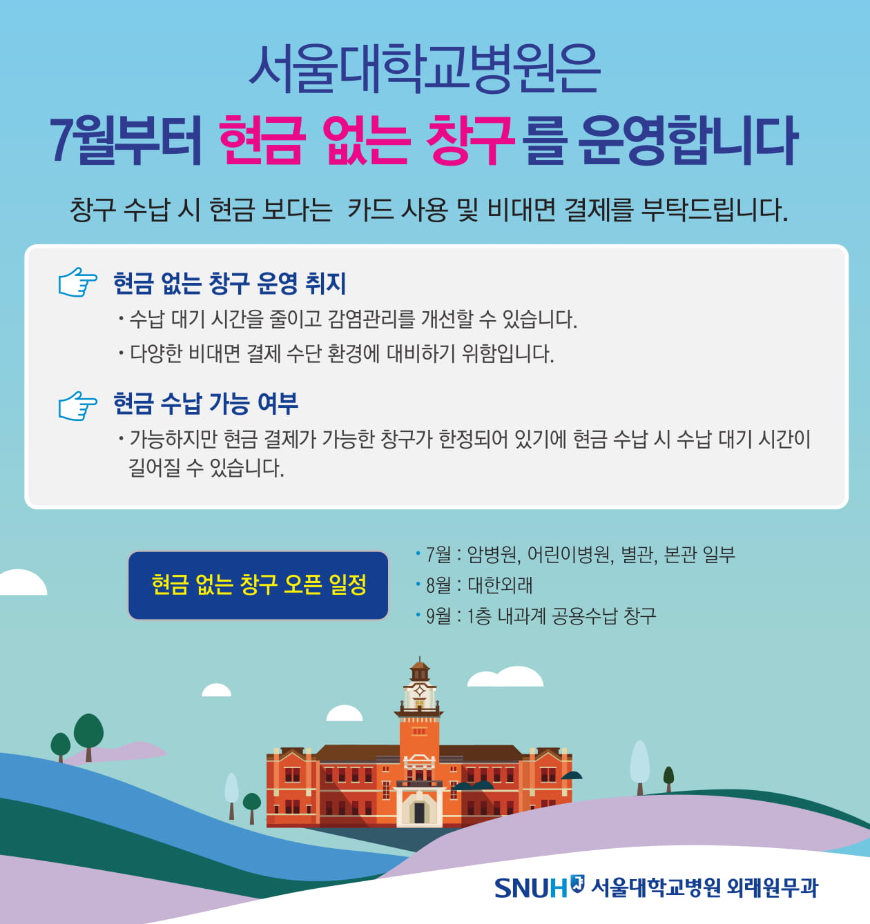 현금 없는 원무창구 안내문