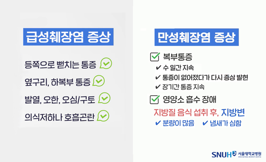  급성, 만성 췌장염 증상 비교