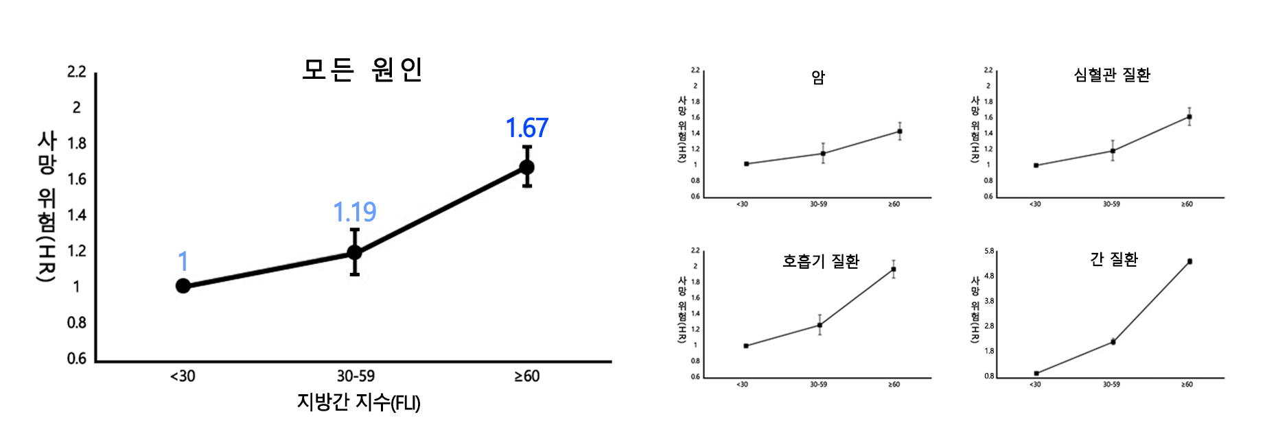 전체 및 질병별 사망 위험에 대한 지방간 지수의 영향.