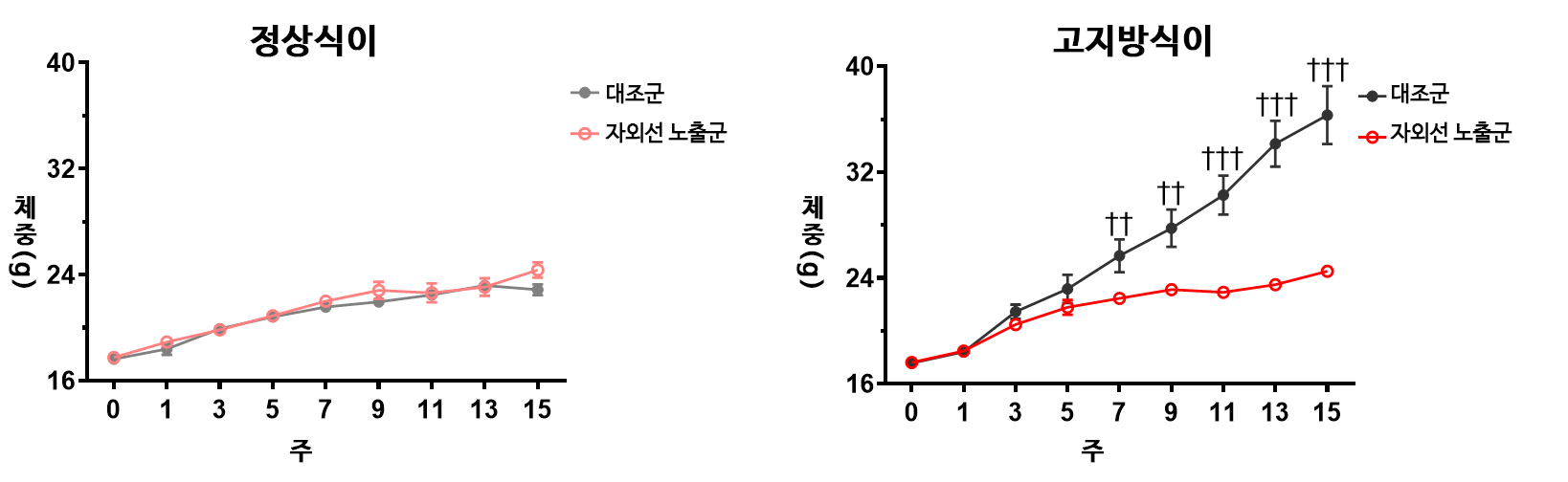 자외선 노출군은 음식 섭취량이 증가했음에도 대조군에 비해 체중이 증가하지 않음