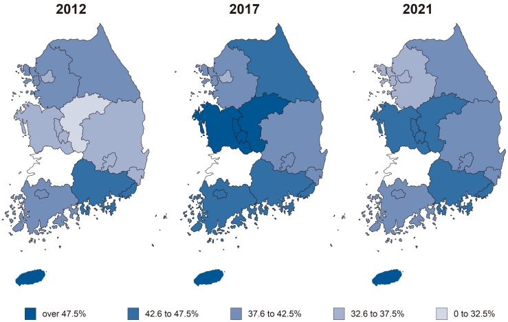 지역별 4.5시간 이내 병원 도착 비율 