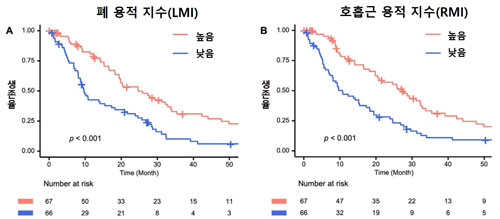 폐-용적-지수(LVI)와-호흡근-용적-지수(RMI)에-따른-생존율 폐-용적-지수(LVI)와-호흡근-용적-지수(RMI)에-따른-생존율